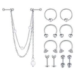 AceFun 11 Stück Knorpel Ohrstecker Chirurgenstahl Helix Piercing Labret Flache Kugel Zurück Daith Ohrringe Doppelknorpel Ohrringe mit Kette Dangle für Damen Herren von AceFun