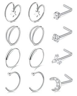 AceFun 12 Stück 20G Piercing Nasenring Double Hoop 8mm/10mm Stern Gebogene L-förmige Nasenstecker 0.8MM Nasenstecker Bar Piercing Diamant Zirkonia Silber Herz Stern Blume Mond 7MM von AceFun