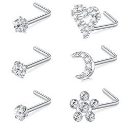 AceFun 18G Gebogene L-förmige Nasenstecker 1MM Edelstahl Nasensteg Nasenloch Piercing Diamant Zirkonia Piercing Körperschmuck Silber Herz Stern Blume Mond 7MM von AceFun