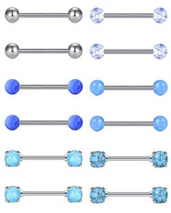 AceFun Edelstahl Nippel Bar 16mm 14mm Piercing Zungenringe für Frauen Mädchen CZ Nipplerings Opal Diamond Barbell Body Piercing Schmuck 14G Blau Türkis Opal im Dunkeln Leuchtend Brustwarzenpiercing von AceFun