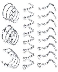 AceFun Nasenpiercing Ring Stecker Nostril Piercing 28stk Silber 18G L Förmig Stecker Spirale Stecker Chirurgenstahl Zirkonia Nasenschmuck von AceFun