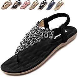 Acfoda Bohemia Zehentrenner Damen Sandalen Sommer Flach Sandaletten mit Strass Boho Flip Flops Sommerschuhe Zehensandalen Frauen Strand Schuhe Schwarz 36 EU = Herstellergröße 37 von Acfoda