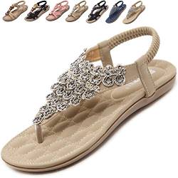 Acfoda Bohemia Zehentrenner Sandalen Damen Sommer Schuhe mit Strass Elegant Flach Sandaletten Frauen Outdoor Strand Flip Flops Boho Zehensandalen Rutschfest Beige 36 EU = Herstellergröße 37 von Acfoda