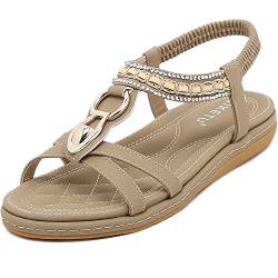 Acfoda Boho Sandalen Damen Sommer Elegant Flach Sandaletten Frauen Bequeme Offene Strass Sommerschuhe mit Weiches Fussbett Beige 38 EU von Acfoda