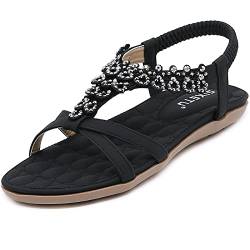 Acfoda Boho Sandalen Damen Sommer mit Weiches Fussbett Elegant Flach Sandaletten Frauen Bequeme Offene Strass Sommerschuhe PU Leder Schwarz 40 EU von Acfoda