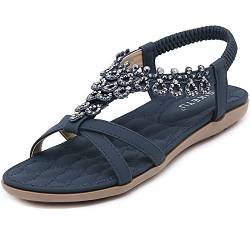 Acfoda Boho Sandalen Damen Sommer mit Weiches Fussbett Flach Elegant Sandaletten Frauen Bequeme Offene Strass Sommerschuhe PU Leder Blau 40 EU von Acfoda