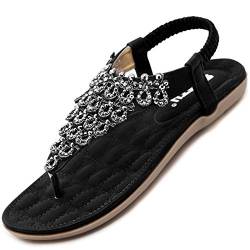 Acfoda Flach Bohemian Zehentrenner Damen Sommer Sandalen mit Weiche Fußbett Strand Flip Flops Elegant Leder Sandaletten Frauen Outdoor Freizeit Beach Schuhe Schwarz 36 EU = Herstellergröße 37 von Acfoda