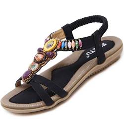 Acfoda Offene Sandalen Damen Sommer Schuhe mit Strass Flach Bohemian Sandaletten Frauen mit Weiches Fussbett Outdoor Freizeit Strandschuhe Schwarz 36 EU = Herstellergröße 37 von Acfoda