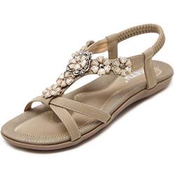 Acfoda Offene Sandalen Damen Sommer mit Blumen Strass Flach Bohemian Sandaletten Frauen mit Weich Fußbett Outdoor Freizeit Strand Schuhe Beige 36 von Acfoda