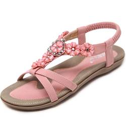 Acfoda Offene Sandalen Damen Sommer mit Blumen Strass Flach Bohemian Sandaletten Frauen mit Weiche Fußbett Outdoor Freizeit Strand Schuhe Rosa 40 von Acfoda