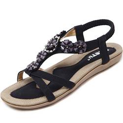 Acfoda Offene Sandalen Damen Sommer mit Blumen Strass Flach Bohemian Sandaletten Frauen mit Weiches, 44 EU, F Schwarz von Acfoda