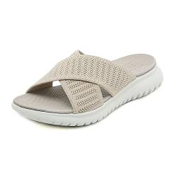 Acfoda Sandalen Damen Sommer Bequeme Pantoletten Leichte Hausschuhe Weiche Latschen Casual Schlappen Elegant Slipper Hausschlappen Sandale mit Fussbett Beige 36 von Acfoda