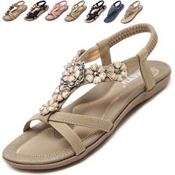 Acfoda Sandalen Damen Sommer mit Blumen Strass Flach Bohemia Strand Sandaletten Weiches Fussbett Sommerschuhe Frauen Elegant Offene Damensandalen Beige 42 EU = Herstellergröße 43 von Acfoda