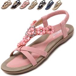 Acfoda Sandalen Damen Sommer mit Blumen Strass Flach Bohemia Strand Sandaletten Weiches Fussbett Sommerschuhe Frauen Elegant Offene Damensandalen Rosa 36 von Acfoda