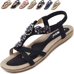 Acfoda Sandalen Damen Sommer mit Blumen Strass Flach Bohemia Strand Sandaletten Weiches Fussbett Sommerschuhe Frauen Elegant Offene Damensandalen Schwarz 41 EU = Herstellergröße 42 von Acfoda