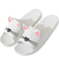 Acfoda Sommer Badelatschen Damen Hausschuhe mit Katze Slide Dusch Badeschuhe Slip On Pantoletten Slippers Antirutsch Schlappen Home Pantoffeln Strand Sandalen Weiß 35/36 EU = Herstellergröße 36/37 von Acfoda