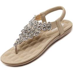 Acfoda Sommer Bohemian Zehentrenner Damen Sandalen mit Weich Fussbett Elegant Leder Flip Flops Frauen Flach Sandaletten Outdoor Freizeit Strand Schuhe Beige 35 EU von Acfoda