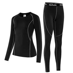 Acfoda Thermounterwäsche Damen Winter Skiunterwäsche Set Warm Funktionsunterwäsche Frauen Thermo Unterwäsche Motorrad Thermowäsche Atmungsaktiv Funktionswäsche Lang Ski Unterhemd Unterhose Schwarz 44 von Acfoda