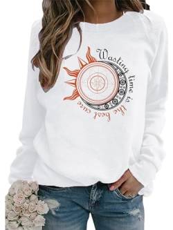 Achinel Damen Pullover Rundhalsausschnitt Sweatshirt Lange Ärmel T-Shirt Leicht Stern-Mond-Druck Oberteile Frauen Herbst Weiß L von Achinel