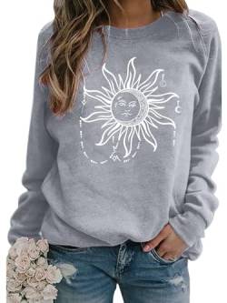 Achinel Damen Sweatshirts Rundhalsausschnitt -Hals Sweatshirt Sterndruck Zur Seite Fahren Weich Lange Ärmel Pullover-Oberteile Frauen Arbeiten Grau XXL von Achinel