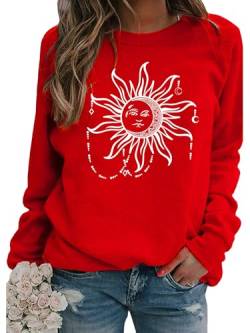 Achinel Damen Sweatshirts Rundhalsausschnitt -Hals Sweatshirt Sterndruck Zur Seite Fahren Weich Lange Ärmel Pullover-Oberteile Frauen Arbeiten Rot XXL von Achinel