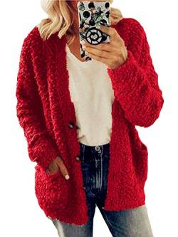 Achinel Damen Warme Strickjacke Mantel Vorne Offen Kunstfell Teddybär Flauschige Jacke Mantel Winter Outwear Top mit Taschen Plus Size, rot, 38 von Achinel