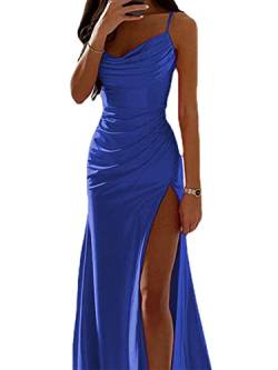 Achinel Frauen Abendkleid Satin Slip -Kleid Ärmellos Lange Maxikleider Rückenfrei Heuershals Damen Party Blau XXL von Achinel