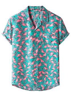 Achinel Hawaii-Hemd für Herren, 3D-Druck, flippiges Blumenmuster, kurzärmelig, Button-Down, Sommer-Tunika, Strand-Urlaub Gr. XXL, Flamingo von Achinel