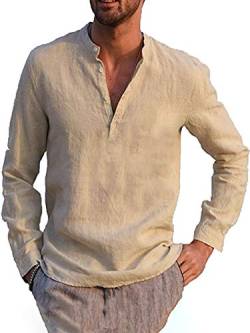 Achinel Henley Herren-Hemd, Baumwolle, Leinen, Knopfleiste, lange Ärmel, V-Ausschnitt, Tunika, Pullover, Bluse, Sommerkleid, Hemden Gr. S, khaki von Achinel