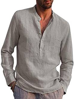 Achinel Herren Baumwolle Leinen Top Langarm Hemden Stehkragen Knopfleiste Bluse Casual Tunika Tasche, grau, XL von Achinel