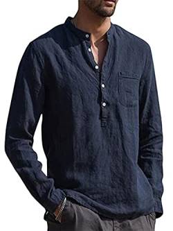 Achinel Herren Baumwolle Leinen Top Langarm Hemden Stehkragen Knopfleiste Bluse Casual Tunika Tasche, marineblau, XL von Achinel