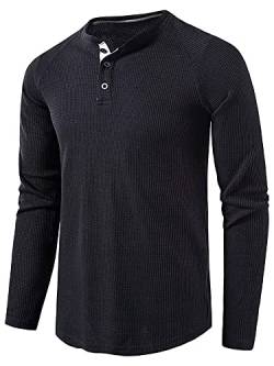 Achinel Tshirt Henley Hemd Langarmshirt Knopf Longshirt Waffle Longsleeve T-Shirt für Männer Regular Fit Hemd Langarm Schwarz XXL von Achinel