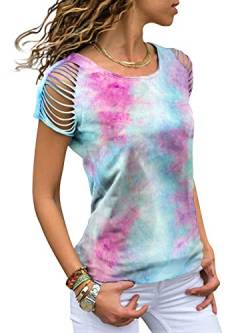 Damen Tie Dye T Shirts trägerlos zerrissen Tee Shirts Frauen Mode Sommer Kurzarm Tops Rundhals Tunika Gr. Small, himmelblau von Achinel