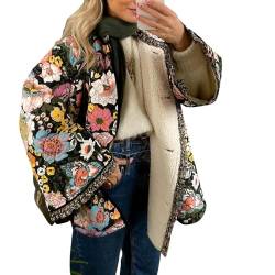 Achlibe Damen Cropped Jacke Vintage Floral Open Front Gesteppt Leicht Bombermantel Herbst Winter Gepolsterte Jacke, B-a-Schwarz, 42 von Achlibe