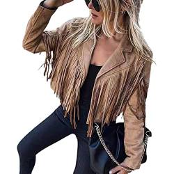 Achlibe Damen Faux Wildleder Fransen Jacke Western Retro Cowgirl Leicht Cropped Moto Leder Mäntel Country Concert Outfit, A-D-Kaffee, 36 von Achlibe