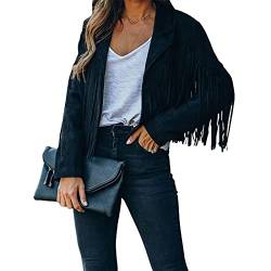 Achlibe Damen Faux Wildleder Fransen Jacke Western Retro Cowgirl Leicht Cropped Moto Leder Mäntel Country Concert Outfit, A-schwarz, 36 von Achlibe