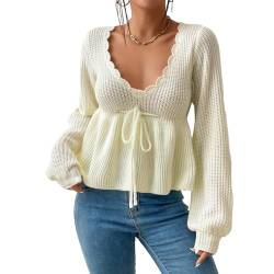 Achlibe Damen Frühling Herbst Strick Tops Einfarbig Langarm Kordelzug Taille Strickwaren Pullover Leichte Top, beige, S von Achlibe