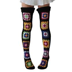 Achlibe Damen Herbst Winter Oberschenkel Socken Extra Lang Ethnisch Häkeln Strick Strümpfe Overknee Socken Zopfmuster Overknee Socken, Schwarz , One size von Achlibe