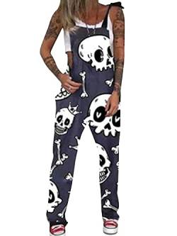 Achlibe Damen Latzhose Halloween Totenkopf Print Jumpsuit Baggy Overalls Strampler Gerade Hose Gothic Hose, A-Crown Totenkopf, 48 von Achlibe