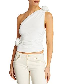 Achlibe Damen One Shoulder Tops Sommer Ärmellos Rückenfrei 3D Rosette Rüschen Strand Urlaub Rave Cami Tank Crop Top, A-weiß, 38 von Achlibe