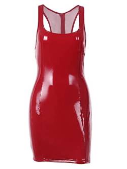 Achlibe Damen PU Bodycon Kleid Ärmellos Bleistiftkleid Latex Leder Kleid Minikleid Tank Kleid Party Club Kleider, rot, L von Achlibe