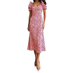 Achlibe Damen-Sommerkleid, Puffärmel, quadratischer Ausschnitt, Blumenmuster, Midi-Kleid, lässig, Boho, elegant, Retro, Strand, A-Linie, fließendes Kleid, rot (a), Medium von Achlibe