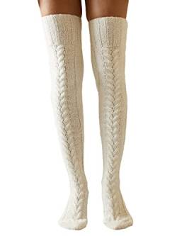 Achlibe Damen Wolle Oberschenkelhohe Socken Zopfstrick Overknee Socken Flauschig Warm Lange Stiefel Socken Beinstulpen, B-Off-White, One size von Achlibe