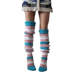 Achlibe Erwachsene Damen Strickstrümpfe Herbst Winter Freizeit Stil Mischfarben Streifen Kniehohe Socken Lange Strümpfe, Blau/Pink, Einheitsgröße von Achlibe