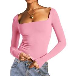 Achlibe Frauen Crop Top Y2k Langarm Quadratischer Ausschnitt Slim Fit Enge Herbst Tee Shirt Basic Bluse Ausgehen Top Streetwear, A-Pink, Large von Achlibe