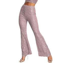 Achlibe Frauen Frühling Herbst Slim Pailletten Ausgestellte Hosen Hohe Taille Gummiband Glänzend Metallic Bell-Bottom Hosen, rose, L von Achlibe