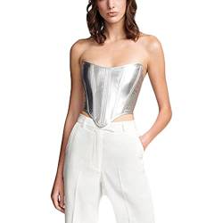 Achlibe Frauen Funkelnde Pailletten Korsett Tube Tops Glänzend Metallic Trägerlos Kreuz Tie-up Rücken Unregelmäßiger Saum Bustier, silber, 38 von Achlibe