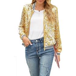 Achlibe Frauen Glitzer Cardigan Blazer Pailletten Bomberjacke Leichte Langarm Zip up Sparkly Baseball Jacke Outwear, A-Gold, 38 von Achlibe