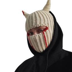Achlibe Halloween Strick Sturmhaube Hut Erwachsene Kreative Teufel Kuh Hörner Winter Warm Full Face Skimaske Beanie Cap Facewear, A-Off White, Einheitsgröße von Achlibe