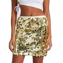 Achlibe Pailletten Minirock für Damen, Glitzer-Rock, kurzer Bauchtanzrock, Clubwear, Festivalkostüm, Konzert, Tanz, Fransen, Hüftschalrock, gold, 40 von Achlibe